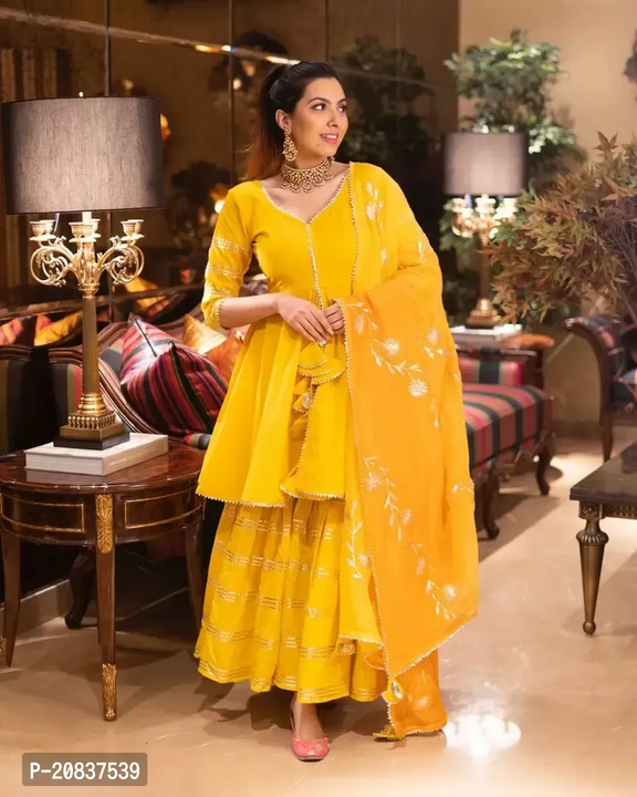 Elegant Yellow Self Design Rayon Kurta with Sharara And Dupatta Set For Women
 uploaded by business on 11/28/2023