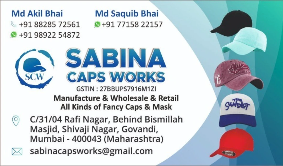 Visiting card store images of SABINA CAPS WORKS