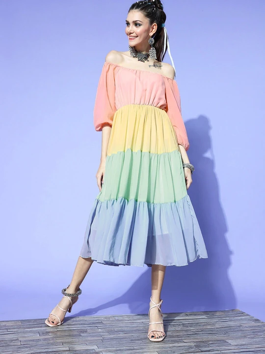 georgette KNEE LENGTH DRESS-OFF SHOULDER DRESS MULTICOLOR uploaded by Aarya Designer on 12/2/2023
