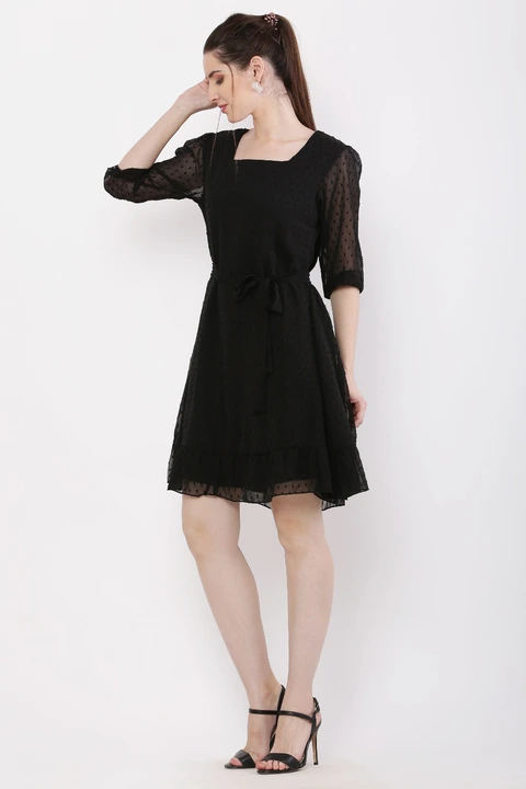 WEIGHTLESS GEORGETTE SELF BUTTI BLACK COLOR ABOVE KNEE LENGTH DRESS uploaded by business on 12/2/2023