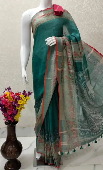 New digital printed linen saree uploaded by business on 12/2/2023