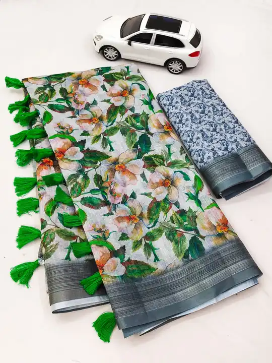 🍁 *New Design Launch* 

*Saree Fabric*  - Linen with silver jari border

*Work*  - Digital Print.

 uploaded by business on 12/7/2023