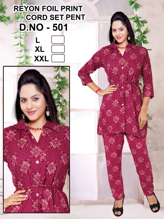 Cord suit Branded  
Size: M,L,Xl,xxl
Foil print Rayon cloth 
Rate :345/_ uploaded by Ridhi Sidhi Creation 9512733183 on 12/8/2023