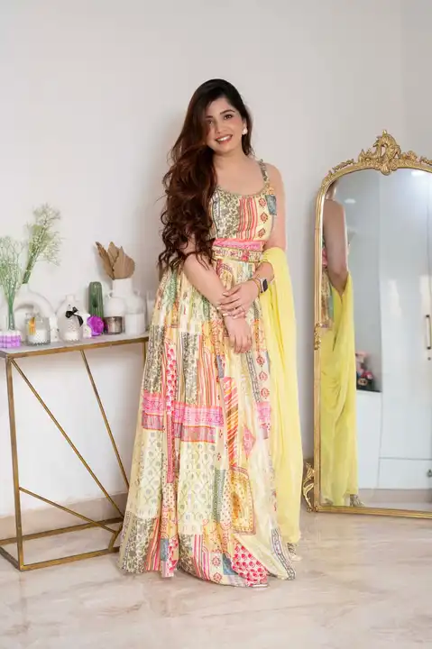 *Heer Yellow Printed Classic Strap Maxi With Belt amd Dupatta*💕 uploaded by business on 12/9/2023