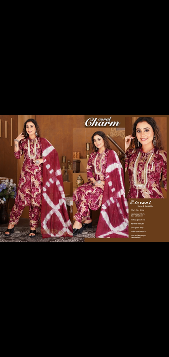 3 pcs fancy printed embroidery new style pant kurti with dupatta sets  uploaded by Radha Creation , Maira sales for Readymade items on 12/9/2023