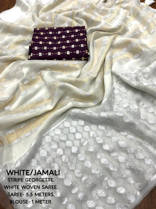 *NEW ARRIVALS*

New zari woven georgette catalog 

 stripe georgette D-2

Quality- soft white george uploaded by Divya Fashion on 12/10/2023