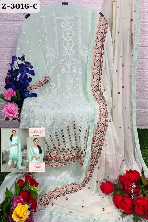 *ZARQASH®️*

*D. No :- Z 3016-C*

*Fabric Details:-*

*Top :- Fox Georgette Embroidered*
*Duptta :-  uploaded by business on 12/11/2023
