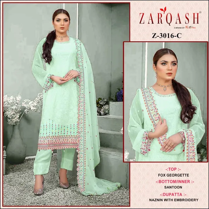 *ZARQASH®️*

*D. No :- Z 3016-C*

*Fabric Details:-*

*Top :- Fox Georgette Embroidered*
*Duptta :-  uploaded by Ayush fashion on 12/11/2023