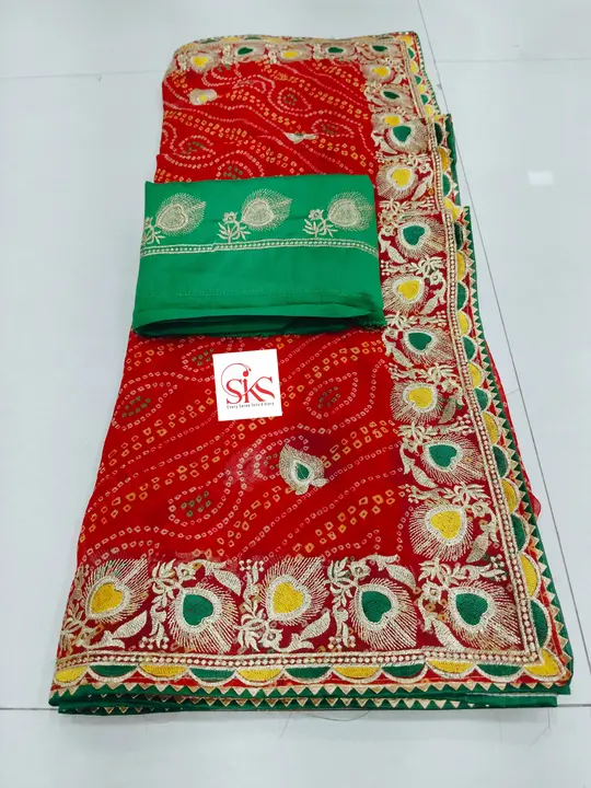 *Special Red Bandani*  Two designs 1. Morpank 2. Elephant  Fabric: Georgette  Blouse: BANGLORI SARTI uploaded by Marwadi Businessmen on 12/12/2023
