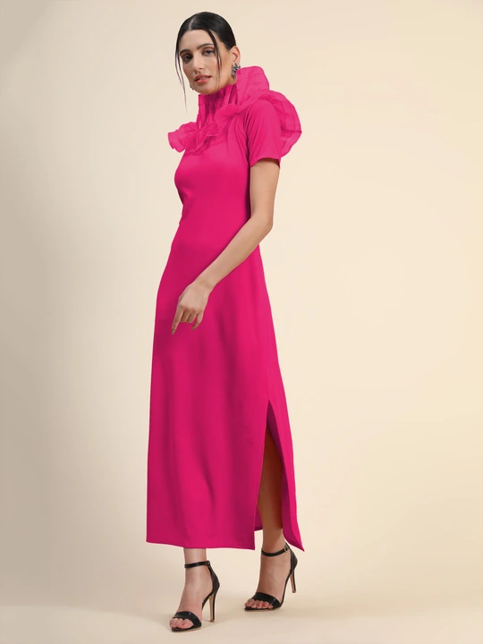Pink Off-Shoulder Ruffles Sleeve Slit Bodycon Dress uploaded by VAIDEHI SUPER STORE VAIDEHI SUPER STORE on 12/13/2023