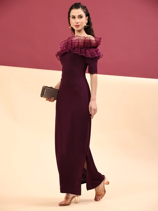 Wine Off-Shoulder Ruffles Sleeve Slit Bodycon Dress uploaded by business on 12/13/2023