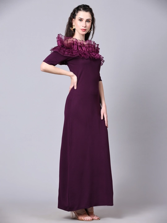 Wine Off-Shoulder Ruffles Sleeve Slit Bodycon Dress uploaded by VAIDEHI SUPER STORE VAIDEHI SUPER STORE on 12/13/2023