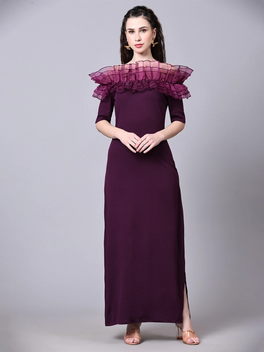 Wine Off-Shoulder Ruffles Sleeve Slit Bodycon Dress uploaded by VAIDEHI SUPER STORE VAIDEHI SUPER STORE on 12/13/2023
