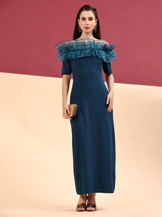 Teal Blue Off-Shoulder Ruffles Sleeve Slit Bodycon Dress uploaded by business on 12/13/2023