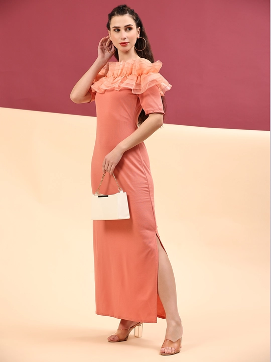 Peach Off-Shoulder Ruffles Sleeve Slit Bodycon Dress uploaded by VAIDEHI SUPER STORE VAIDEHI SUPER STORE on 12/13/2023
