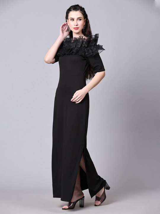 Black Off-Shoulder Ruffles Sleeve Slit Bodycon Dress uploaded by VAIDEHI SUPER STORE VAIDEHI SUPER STORE on 12/13/2023