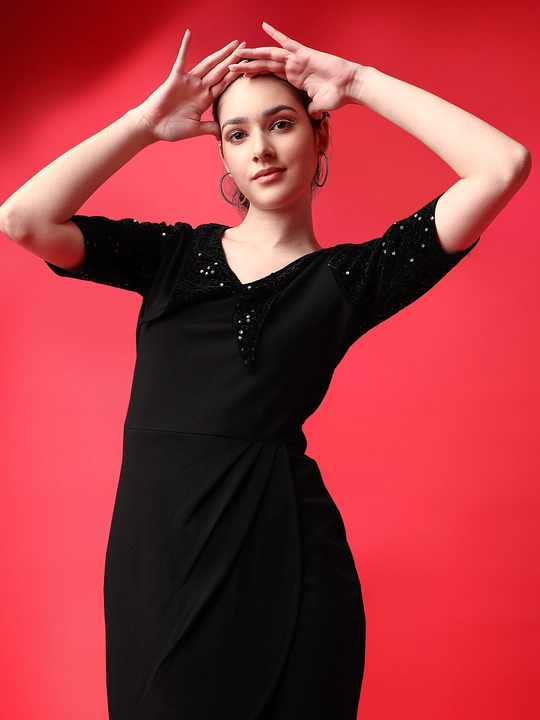 Black Sequined Above The Keyboard Collar Tulip Hem Sheath Above Knee Dress uploaded by VAIDEHI SUPER STORE VAIDEHI SUPER STORE on 12/13/2023