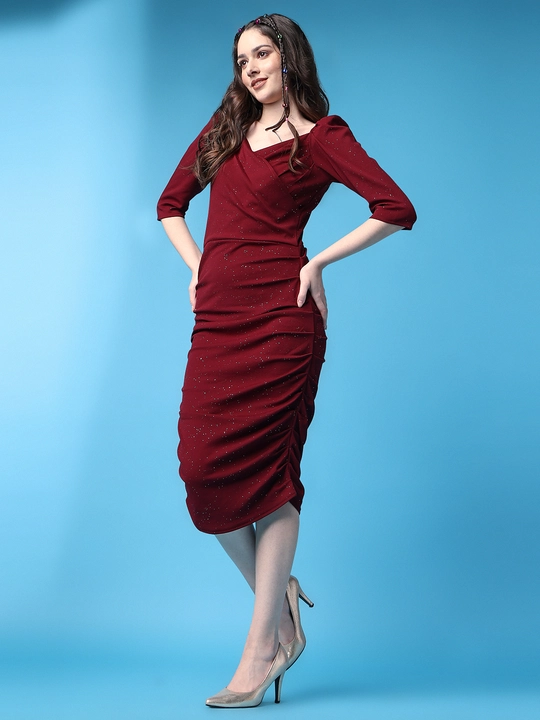 Maroon Sparkle Print Spotty Tulip Wrap Embellished V-Neck Bodycon Dress uploaded by business on 12/13/2023