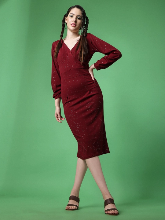 Maroon V-Neck Slit Sparkle Print Bodycon Dress uploaded by business on 12/13/2023