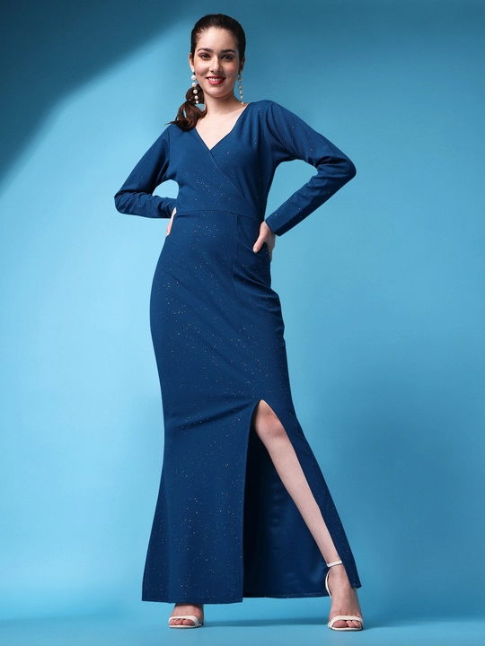 Blue Spotty Slit Deep V- Neck Sheath Dress uploaded by business on 12/13/2023