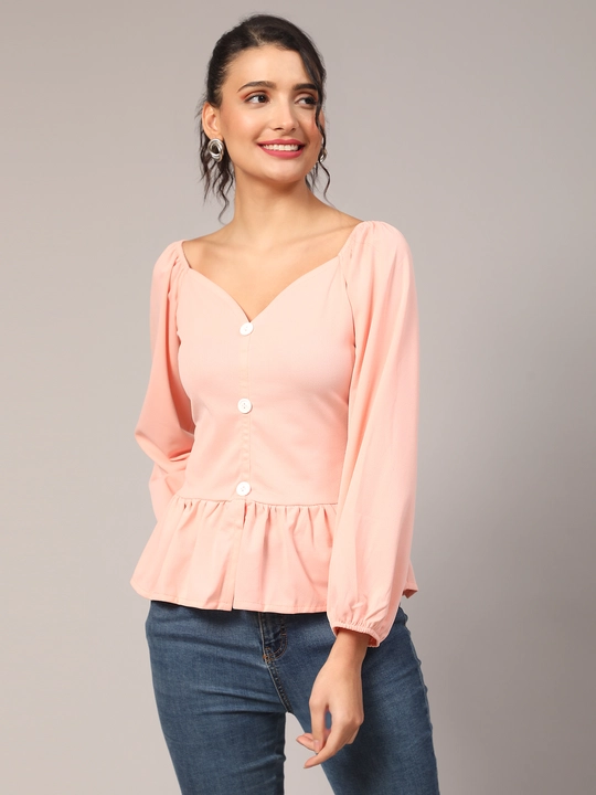 Peach Sweetheart-Neck Peplum Top with Puff Sleeves uploaded by business on 12/13/2023