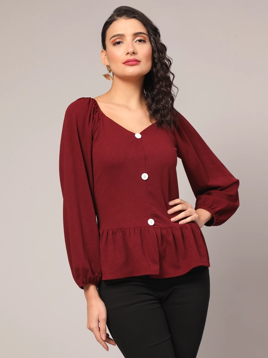 Maroon Sweetheart-Neck Peplum Top with Puff Sleeves uploaded by business on 12/13/2023