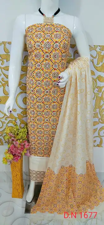 👆 Madhubani Print Suit

➡️Fabric:- Katan Salab

 ➡️Free Size:- Top Bottom and Dupatta
 uploaded by Ajaz textiles on 12/13/2023