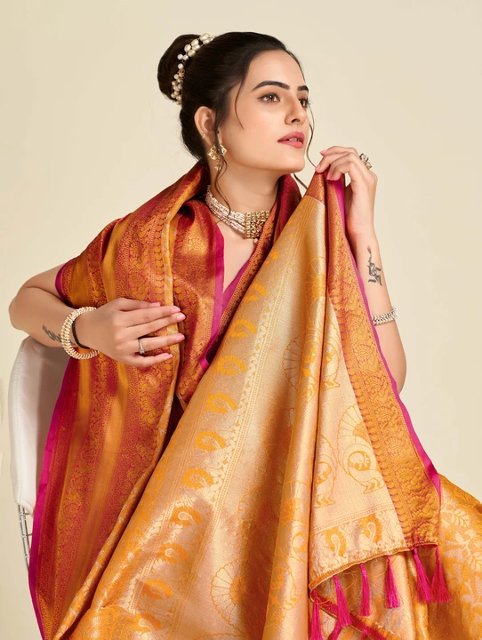 Yellow & Orange color tissue silk saree with woven design uploaded by VAIDEHI SUPER STORE VAIDEHI SUPER STORE on 12/16/2023