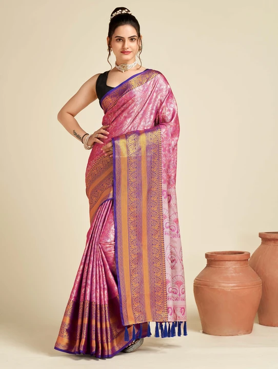 Pink color tissue silk saree with woven design uploaded by business on 12/16/2023