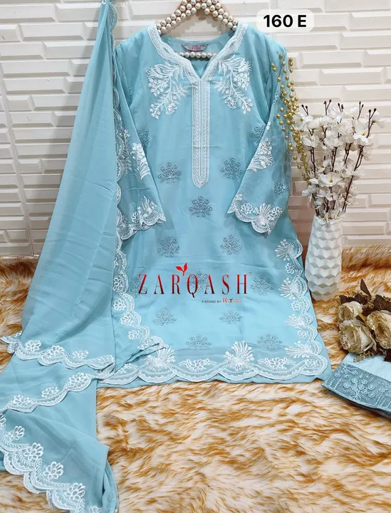 *ZARQASH ®️READYMADE COLLECTION*

*D. No :- Z 160 ( 6 colour )*

*Fabric Details*

*Top :- Fox Georg uploaded by business on 12/16/2023