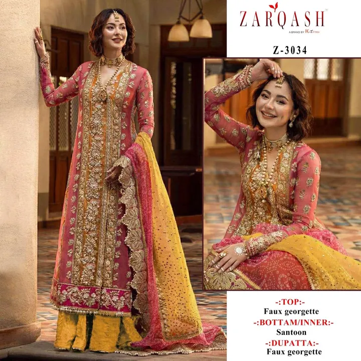 *ZARQASH ®️ SUITS*

*D. NO :- Z-3034 (A / B)*

*FABRIC DETAIL :-*

TOP:- *GEORGETTE EMBROIDERED*
 uploaded by Ayush fashion on 12/16/2023