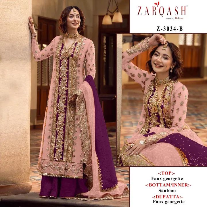 *ZARQASH ®️ SUITS*

*D. NO :- Z-3034 (A / B)*

*FABRIC DETAIL :-*

TOP:- *GEORGETTE EMBROIDERED*
 uploaded by Ayush fashion on 12/16/2023