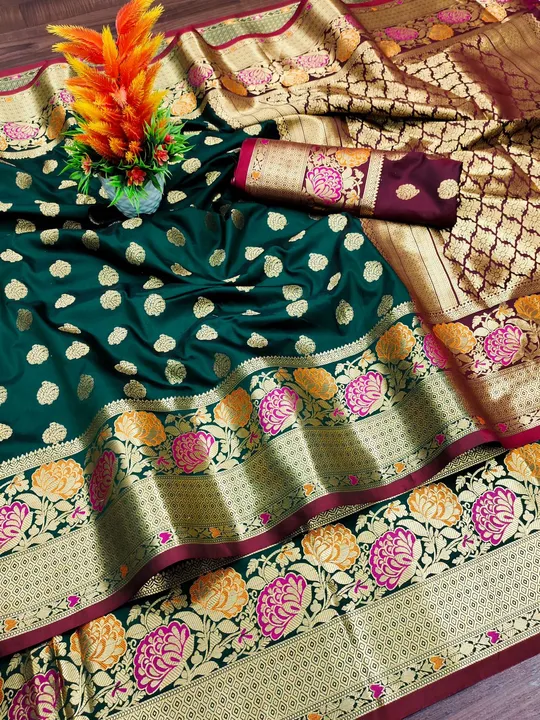Gold zari weaving motifs & zari weaving Contrast rich pallu meenakari weaving border soft silk saree uploaded by DHANANJAY CREATIONS on 12/16/2023
