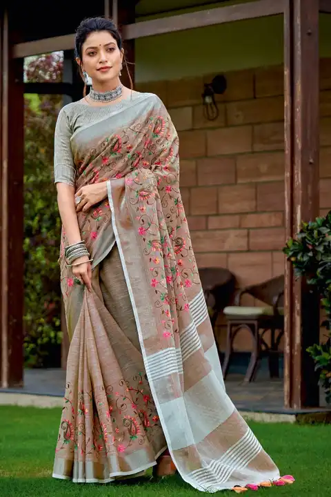 Pure tissue linen new Clour and design embroidery saree best quality available  uploaded by ALINA HANDLOOM  on 12/16/2023