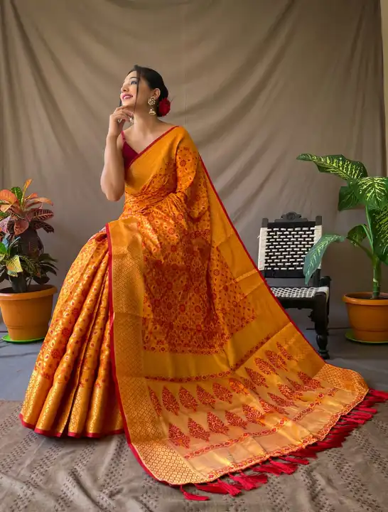 Yellow & Orange Gold-Toned Zari Silk Blend Patola Saree with Unstitched Blouse uploaded by business on 12/18/2023