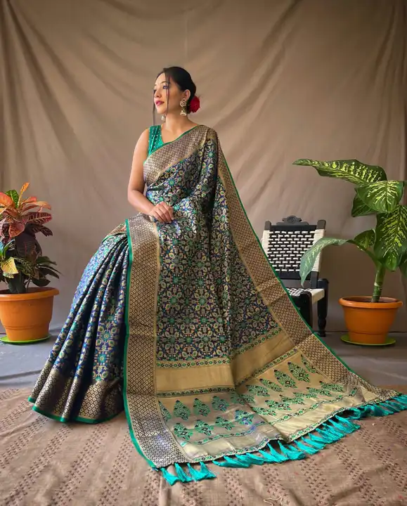 Blue & Green Gold-Toned Zari Silk Blend Patola Saree with Unstitched Blouse uploaded by business on 12/18/2023