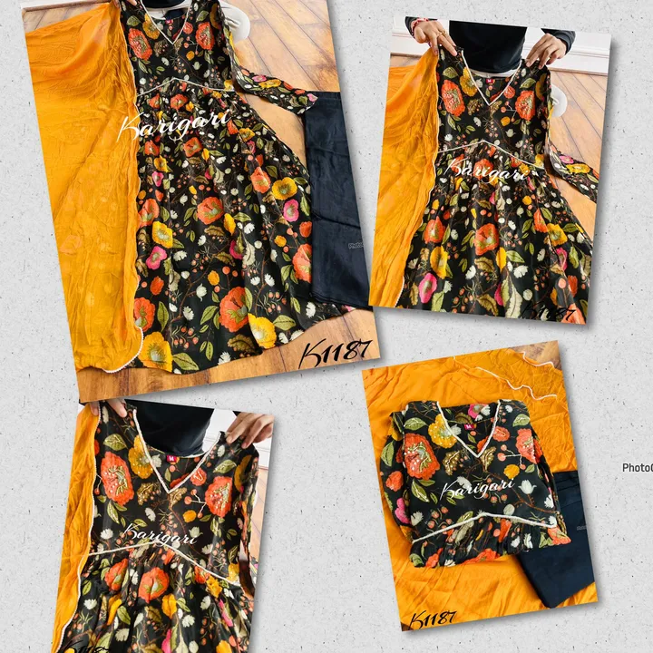 Post image *karigari by DKH*
*k1187*

Premium chinnon digital floral printed Alia pattern 3 pc suit set with lining, pants, n dupata having bijiya lace detailing.. with work on neck..

Sizes 38 40 42 44

Ready to ship

*mrp 2199₹ only