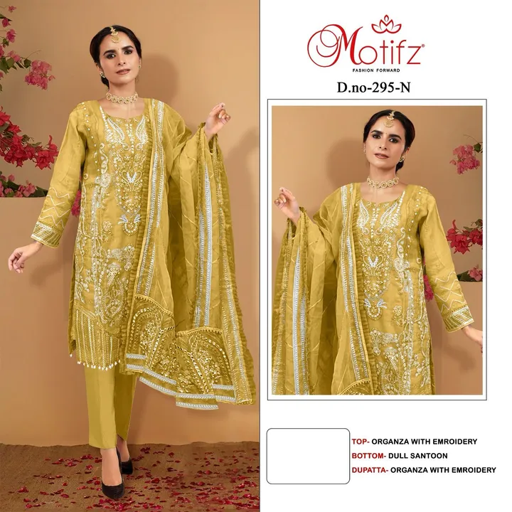 *Design no- 295*

Top - Organza with Embroidery 

Bottom - Santoon

Dupatta- oranaza with embroidery uploaded by business on 12/21/2023