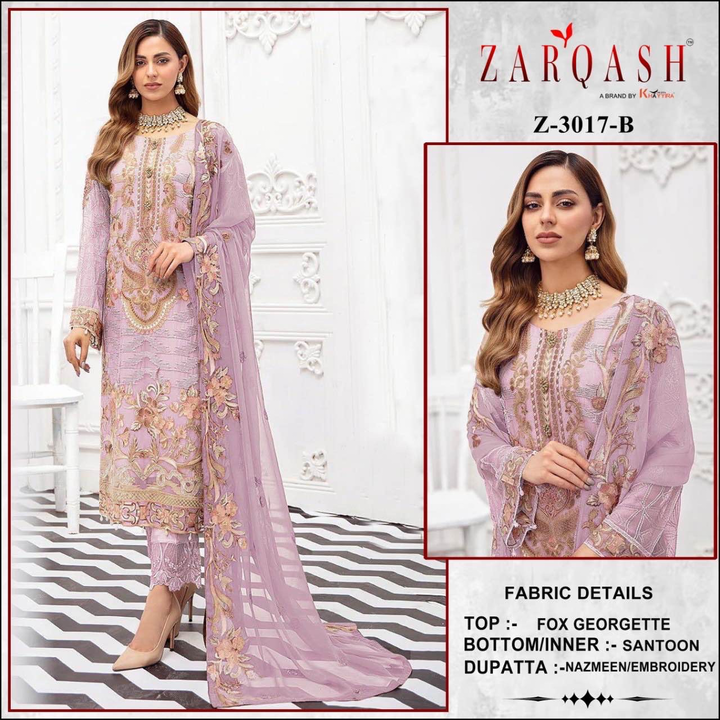 *ZARQASH suits ®️*

*D.NO :- Z-3017* *(B,C)*

*FABRIC DETILAS*

TOP:- *GEORGET HEAVY EMBROIDERED*
 uploaded by business on 12/23/2023