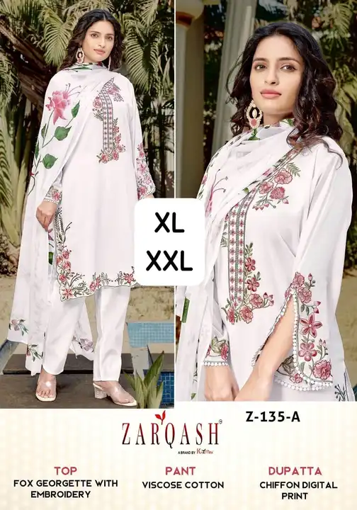 *ZARQASH®️ READYMADE Collection*

*D. no :- 135*

*Top* :-  Fox georget embroidered santoon inner

  uploaded by Ayush fashion on 12/29/2023