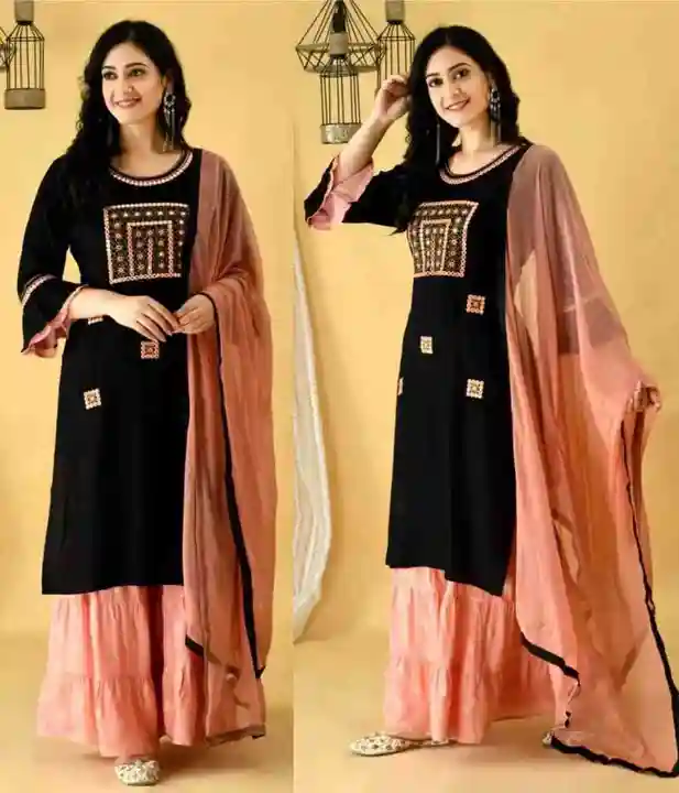 Rayon Embroidery kirti. Plazzo and dupatta set uploaded by RUHIN SAREES on 12/30/2023