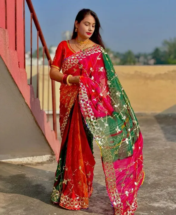 Today sale price 
🌹  *Georgette fabric of bhandej   saree*🌹🌹 pachranga color matching

👌👌 *Beau uploaded by Gotapatti manufacturer on 12/30/2023