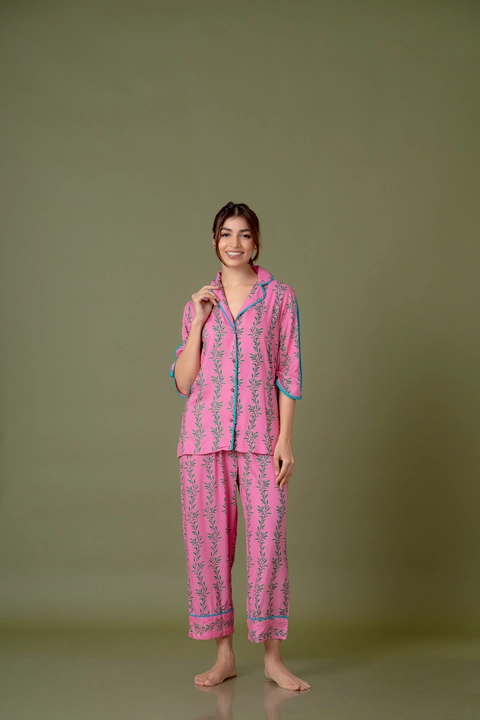 Coord set PREMIUM RAYON PINK COLLAR SET WITH GREEN VINE PRINTED SHIRT AND PJ uploaded by Express Shopping Hub on 12/30/2023