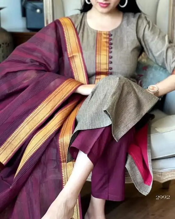 Post image *winter special ✨*
✨✨✨✨✨✨

*Premium quality*

You will be so much in love with this *south handloom  outfit* for combinations of golden self zari border self thread handloom  south cotton kurta   
 and south cotton pants paired with   south cotton duppata self zari thread self weaving border add a unique vibe.

🌙 🌙🌙 🌙🌙 🌙🌙 
*Fabric- south cotton golden zari thread  self thread*

*Colour : Single*

Length of kurta 45"
Length of pant 38"
Duppata 2.4 meter

*Size 38,40,42,44,46*


T

*Ready to ship keep posting ✈️✈️✈️*