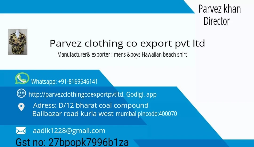 Visiting card store images of Parvez clothing co export pvt ltd