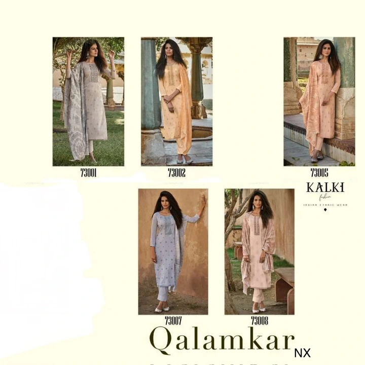 Post image Kalki Fashion Qalamkar

Pcs : 5 

AVG. Price	1295

*Top: Pure Lawn Cotton With Fancy Embroidery*
*Dupatta: Cotton Jacquard Dupatta *

*Bottom: Pure Cambric Bottom*