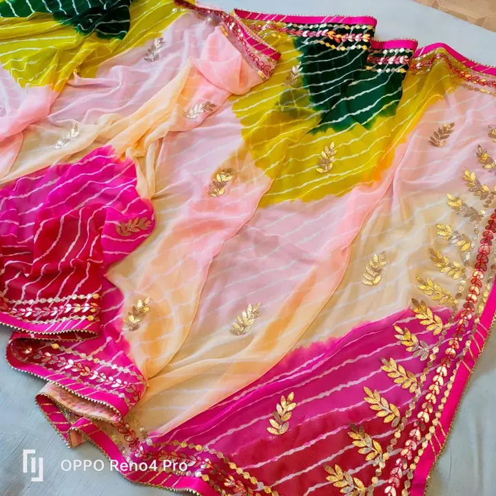 9983344462 New launch
Moss 60g gerogert fabric
Lehariya saree with work 
With blouse 
Price-850+&
 uploaded by Gotapatti manufacturer on 1/2/2024