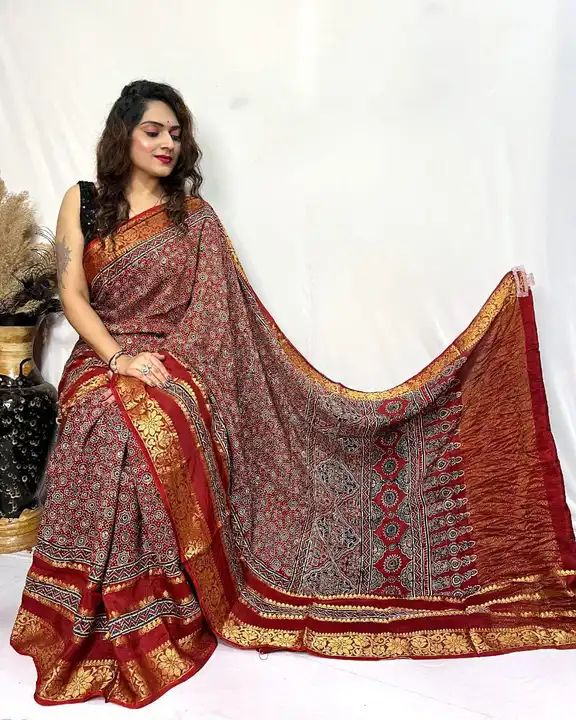 Handblock fancy ajakh print dhola silk saree uploaded by business on 1/6/2024