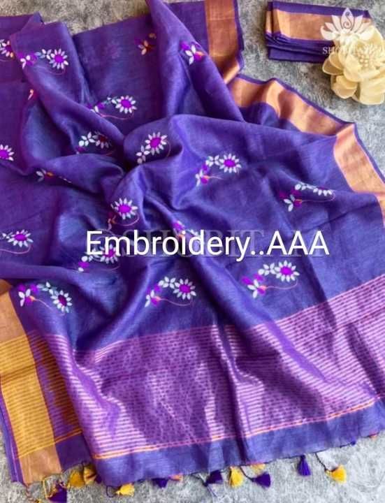 Pure linen by linen designer embroidery saree available hai mere pass 👌  uploaded by Ismailtextile  on 3/24/2021