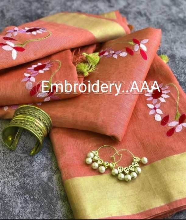 Pure linen by linen designer embroidery saree available hai mere pass 👌  uploaded by Ismailtextile  on 3/24/2021